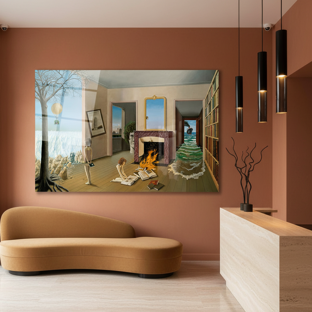 Surrealist interior glass wall art in an upscale hotel lobby