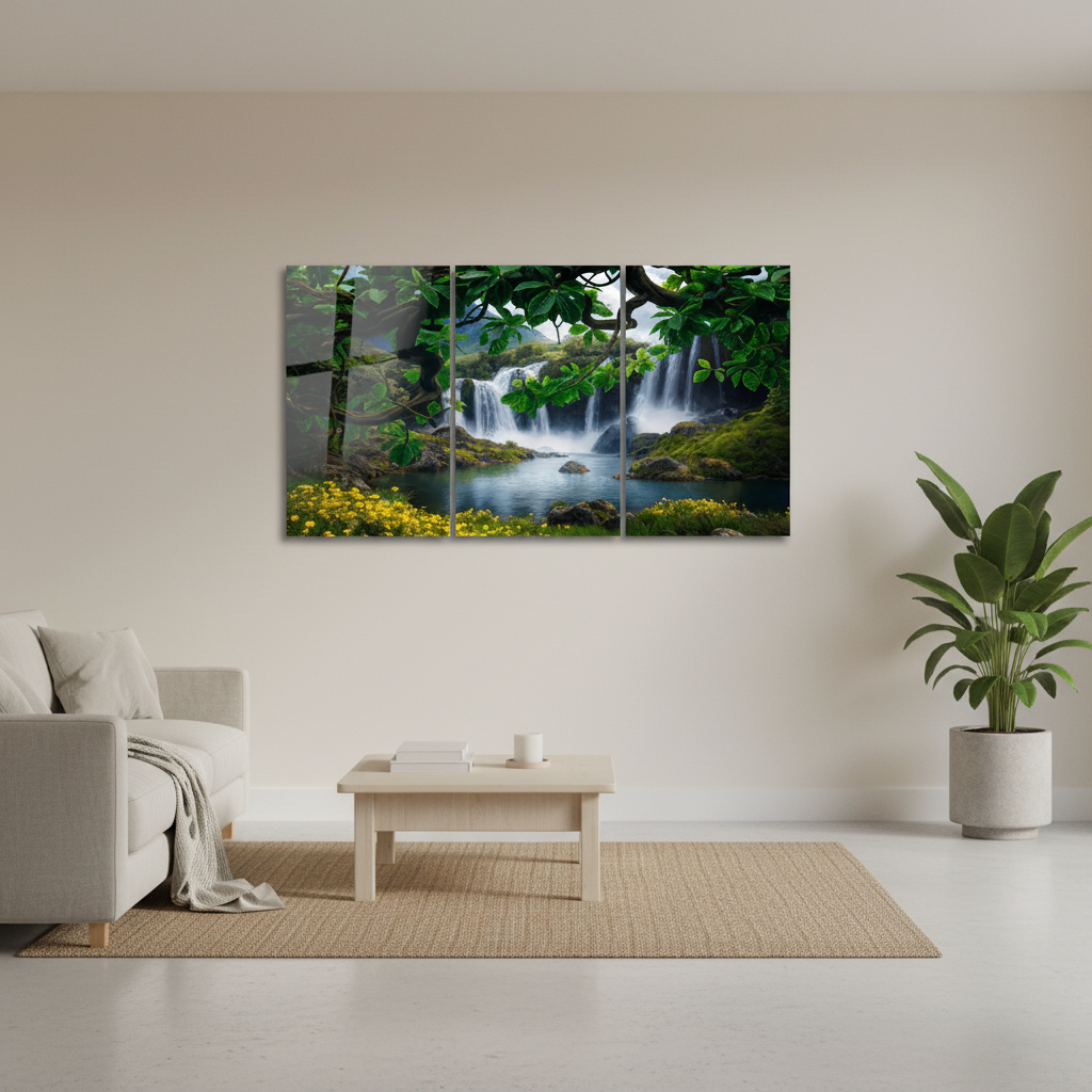 Waterfall forest glass wall art triptych in a luxury cream living room