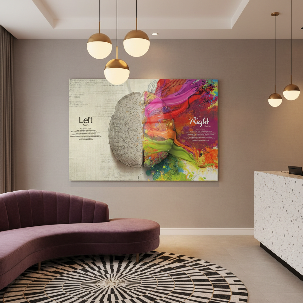 Left and right brain glass wall art in a contemporary hotel lobby