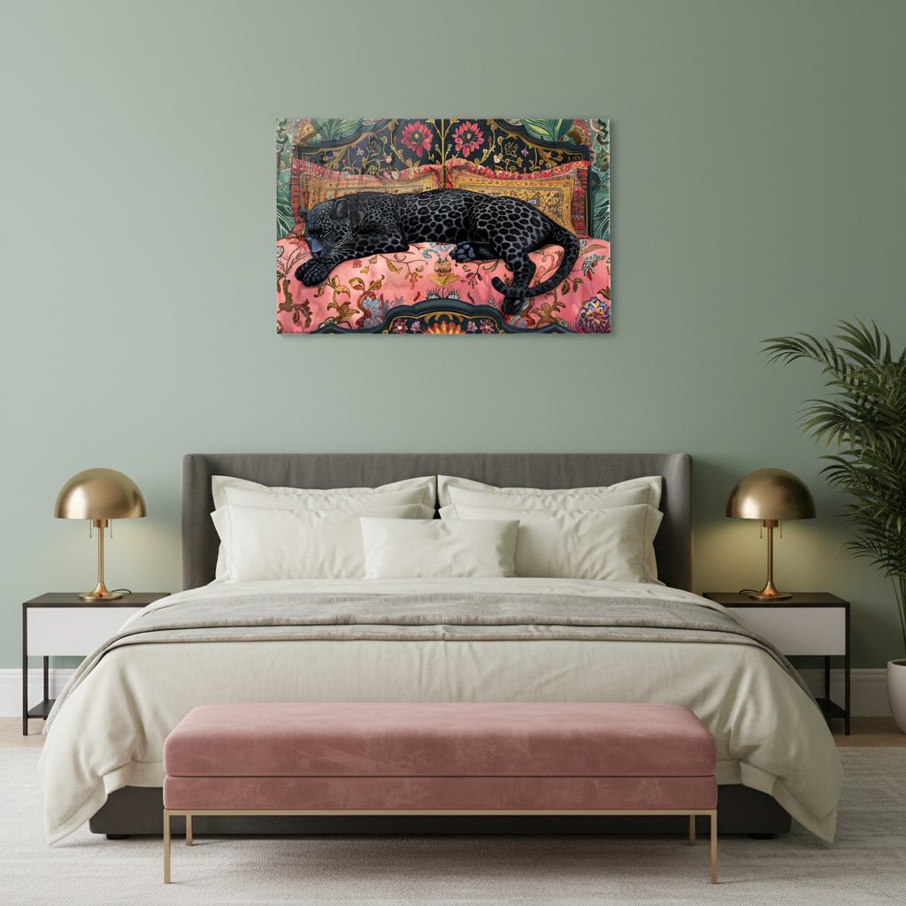 Black panther horizontal glass wall art in a sage green luxury bedroom