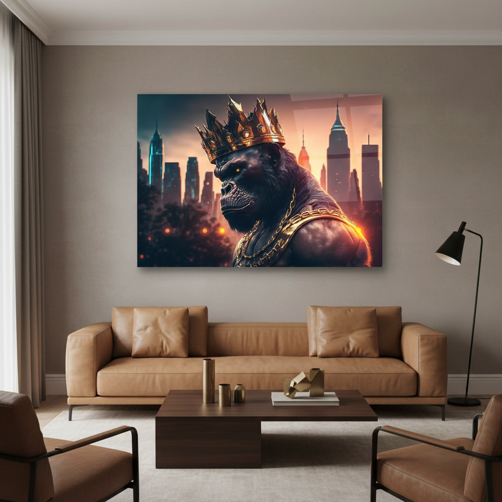 Y-305 crowned gorilla city sunset glass wall art in a luxury living room