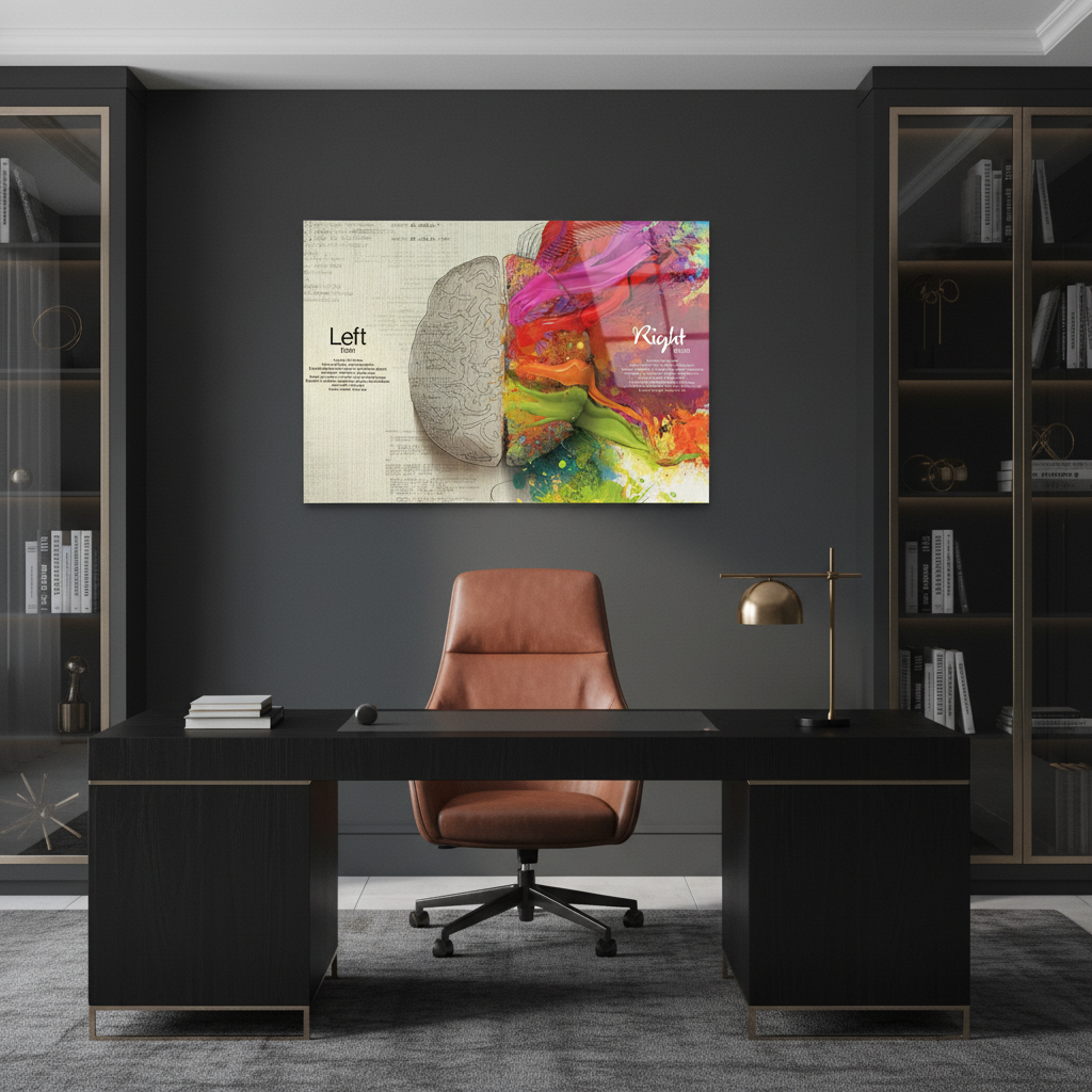 Left and right brain glass wall art in a luxury executive office