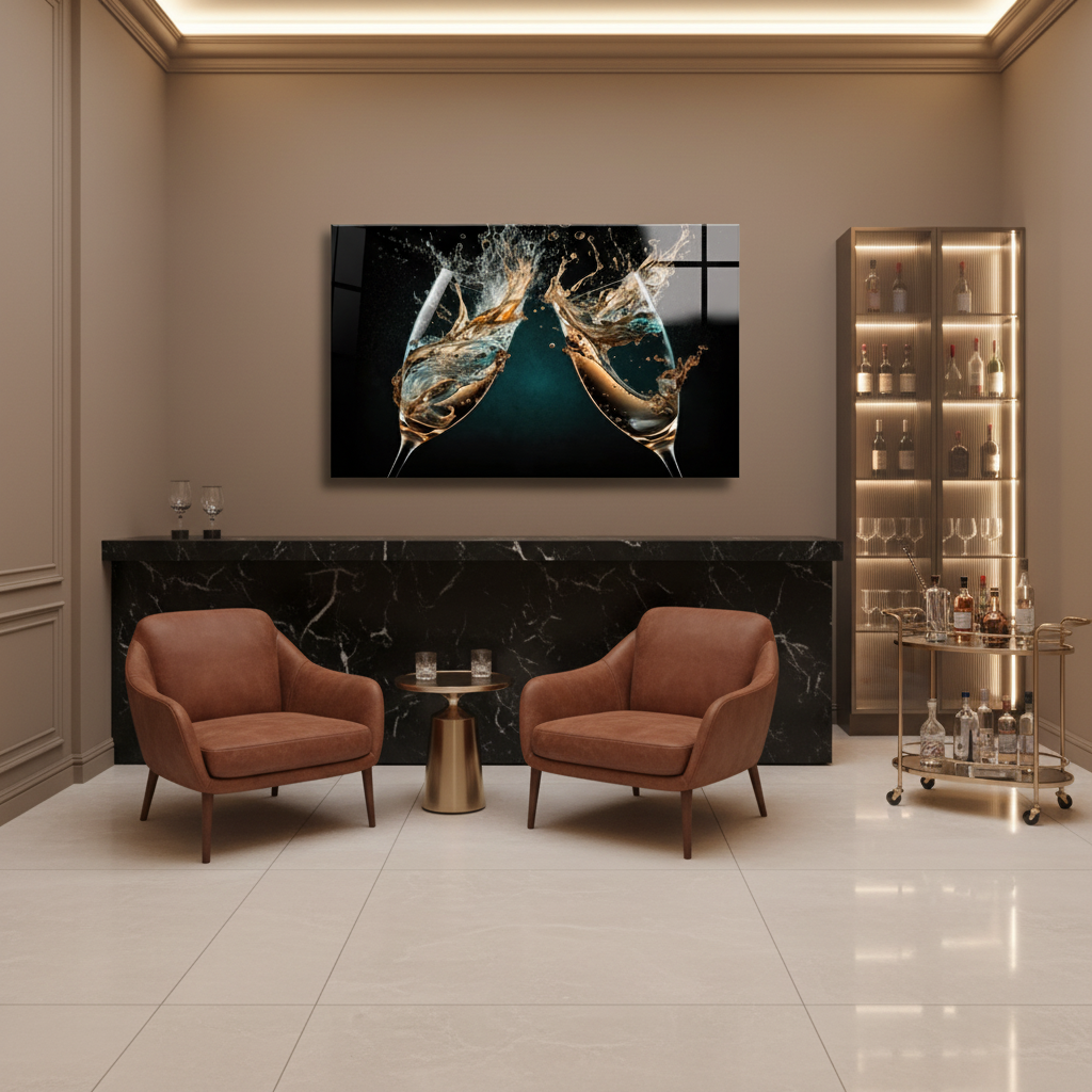 LMT-050 champagne glasses splash glass wall art in a luxury cocktail lounge