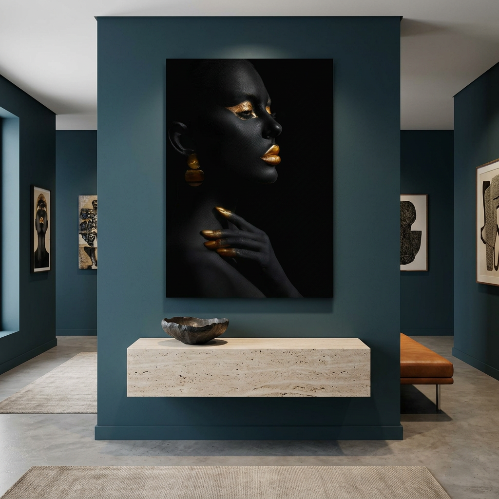 D-182 black and gold woman portrait glass wall art in petrol blue entrance hall