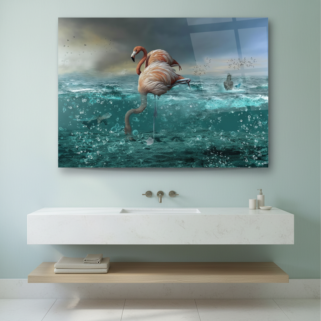 Flamingo Ocean Glass Wall Art above a limestone vanity in a spa-inspired bathroom