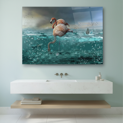 Flamingo Ocean Glass Wall Art above a limestone vanity in a spa-inspired bathroom