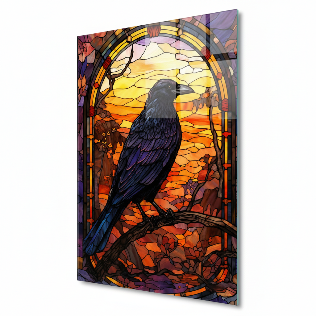 Right side view of Raven Stained Glass Wall Art showing the vertical glass edge and stained-glass raven artwork.