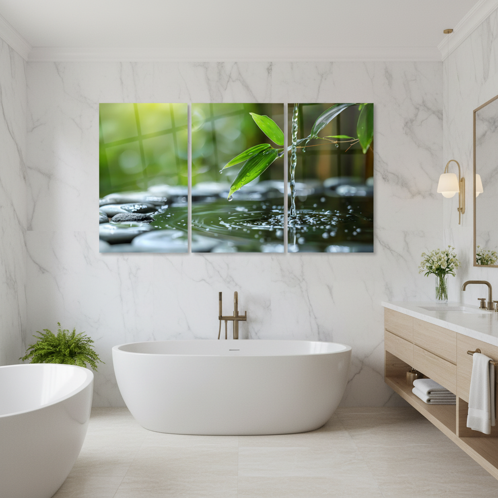 Luxury bathroom with white marble walls and three-panel nature water stream triptych glass wall art