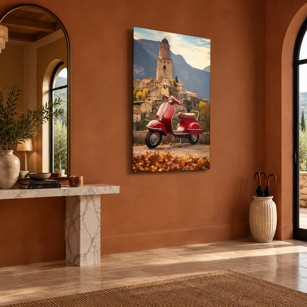 Vintage red Vespa glass wall art in an entrance hall