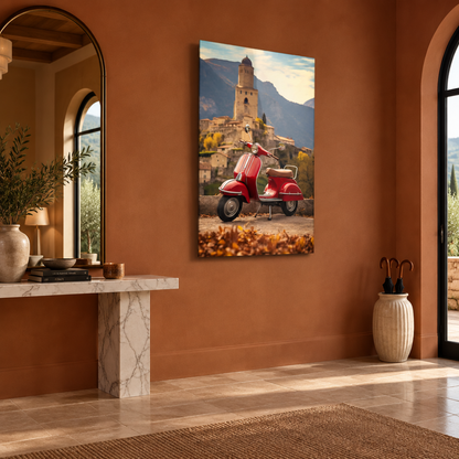 Vintage red Vespa glass wall art in an entrance hall