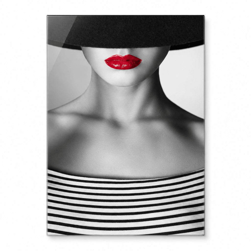 Red lips woman portrait glass wall art, front view on white