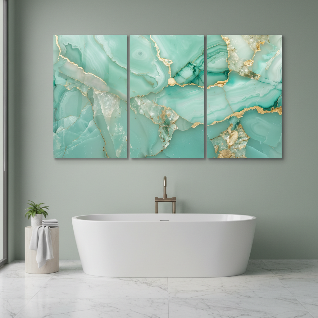 Aqua agate marble glass wall art triptych in a luxury sage green bathroom