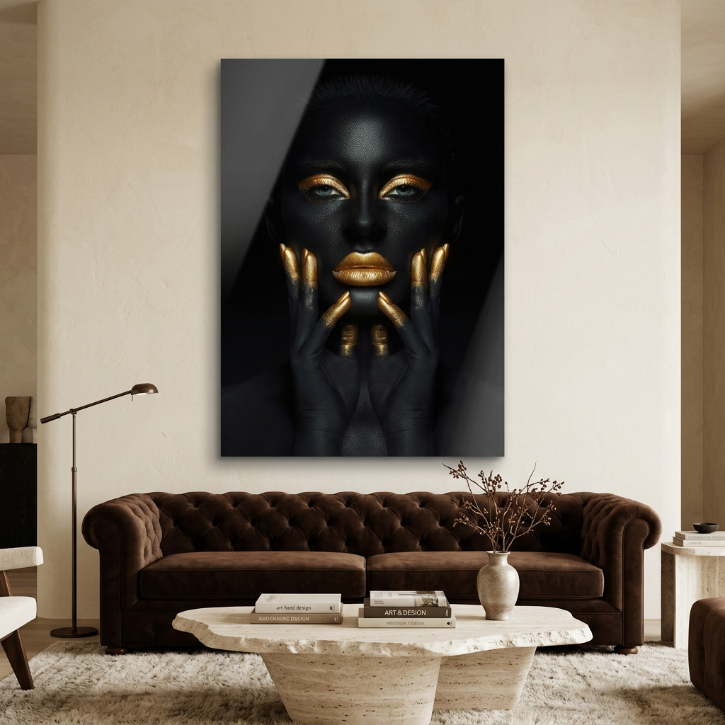 D-184 black and gold woman portrait with hands framing face in ivory living room