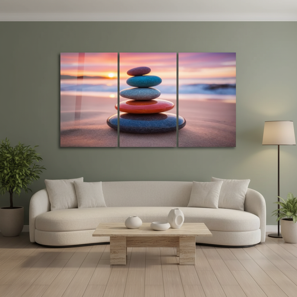 Sunset balance stones glass triptych in a luxury sage green living room