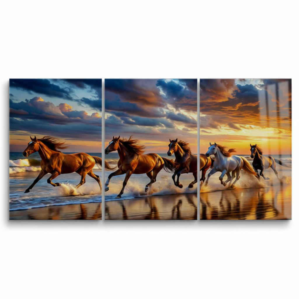 Front view of T-40 galloping horses sunset triptych glass wall art on a white background