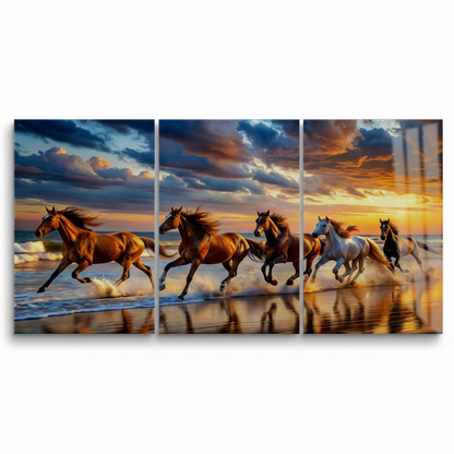 Front view of T-40 galloping horses sunset triptych glass wall art on a white background