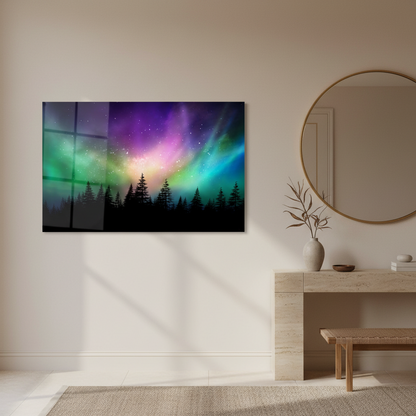 La Forêt des Aurores boréales Tableau en Verre Trempé
