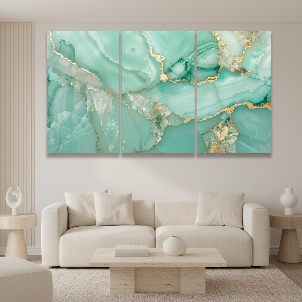 Aqua agate marble glass wall art triptych in a luxury ivory living room