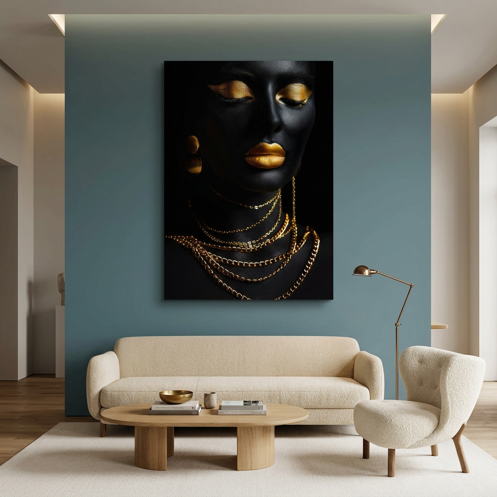 D-185 black and gold woman with layered necklaces glass wall art in petrol living room