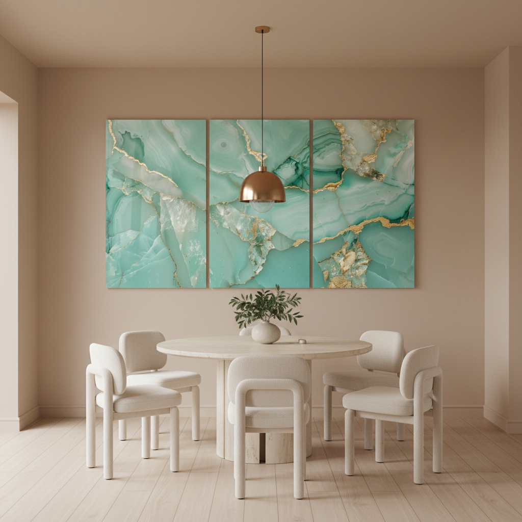 Aqua agate marble glass wall art triptych in a luxury sand dining room