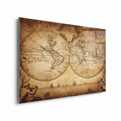 Antique sepia world map glass wall art, left side view