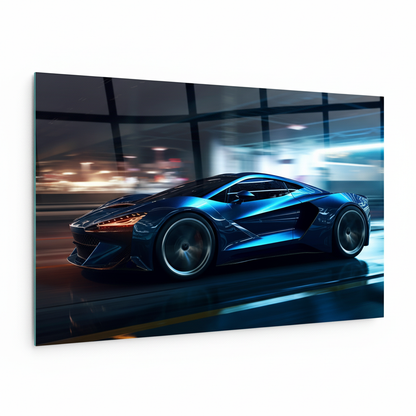 Y-303 electric blue supercar glass wall art, left side view