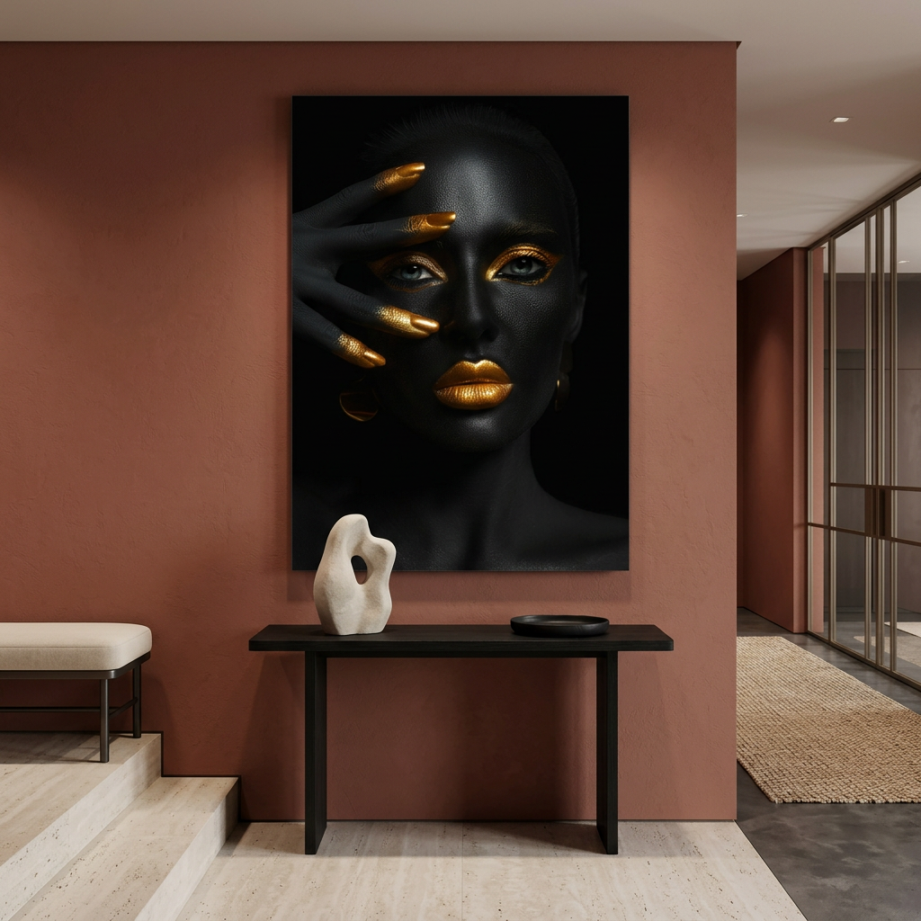 D-181 black and gold woman glass wall art in terracotta entrance hall