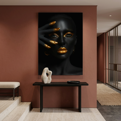 D-181 black and gold woman glass wall art in terracotta entrance hall