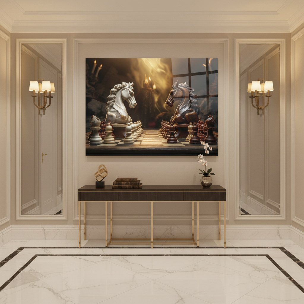 Chess Knights Glass Wall Art in luxury entrance hall