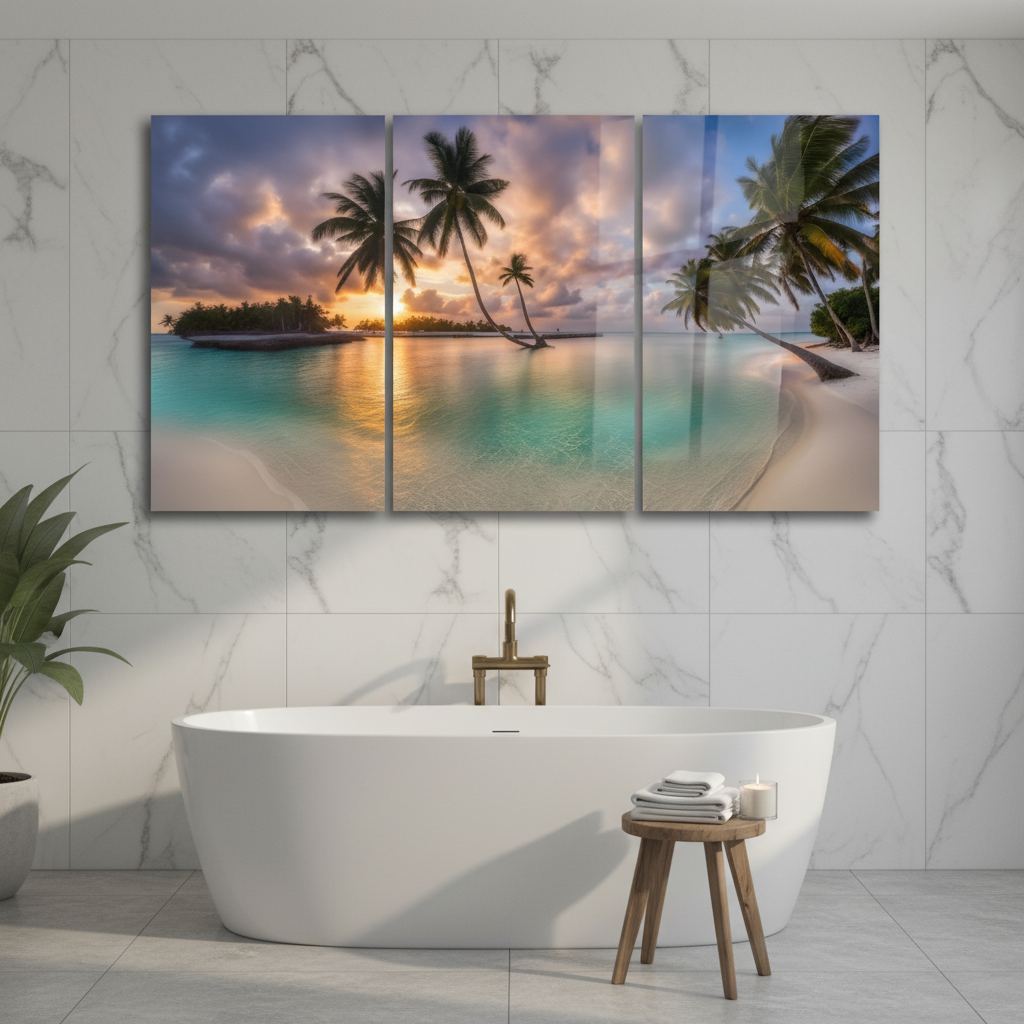 Tropical beach sunset triptych glass wall art in a luxury bathroom with white marble walls and a freestanding bathtub