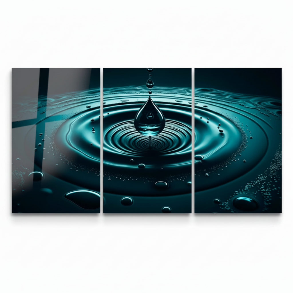 Teal water drop triptych glass wall art, artwork on 1:1 square white background