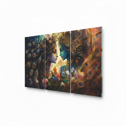 Radha Krishna glass wall art triptych, right side view, thin glass edge visible, white background