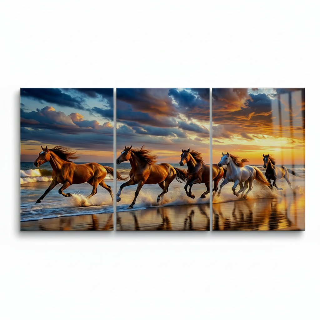 T-40 galloping horses sunset triptych glass wall art on a pure white square background