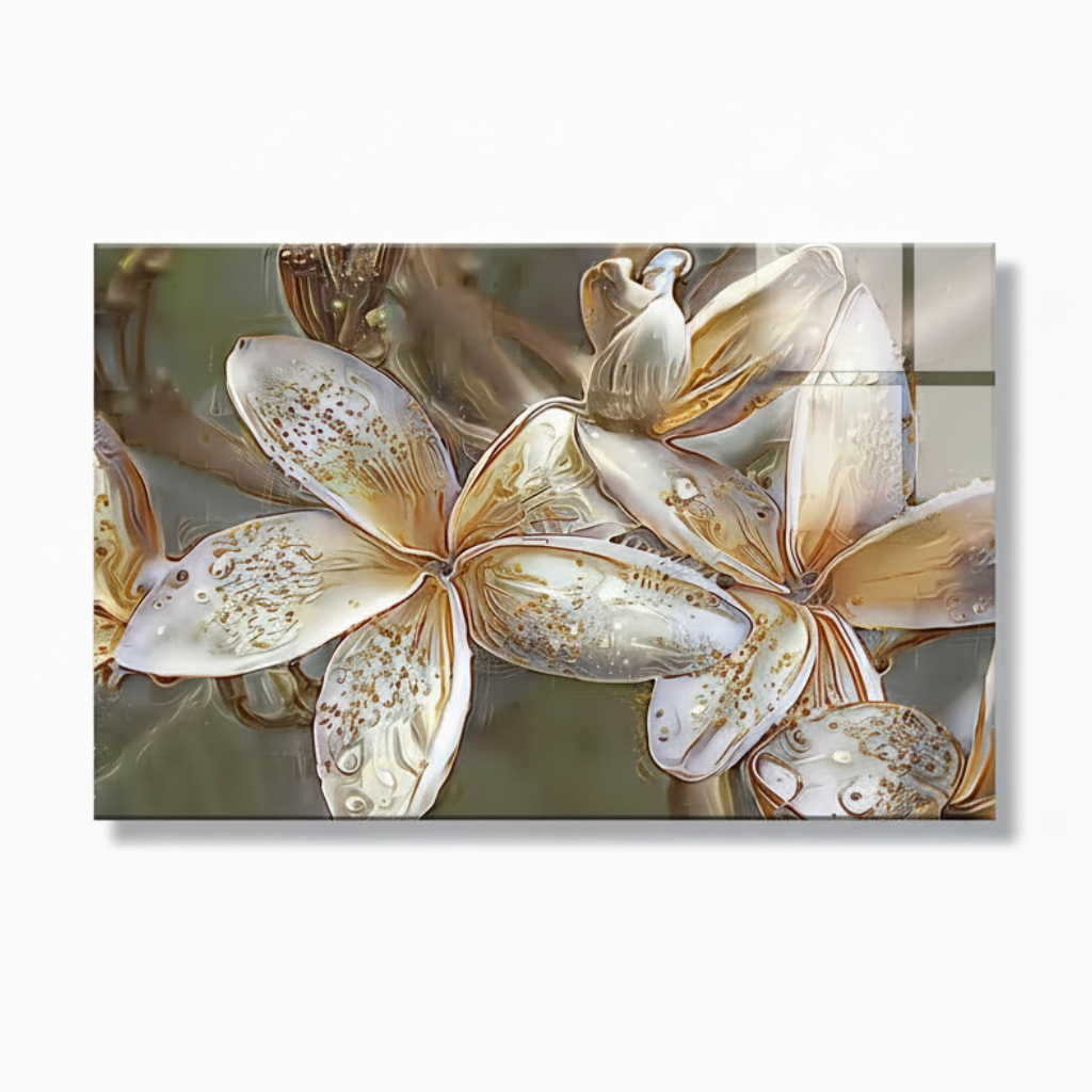 LMT-056 white gold flowers on grey olive glass wall art, white 1:1 studio mockup with wide horizontal panel