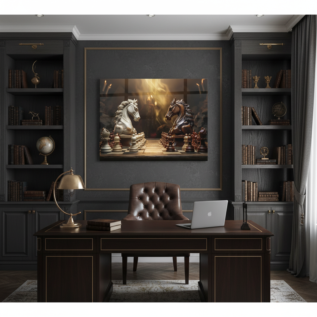 Chess Knights Glass Wall Art in home office