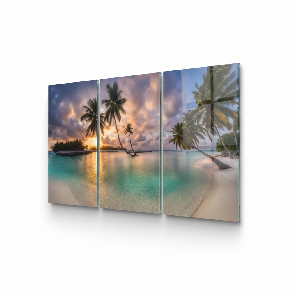 Right angle view of the tropical beach sunset triptych glass wall art with thin glass edge visible on the right