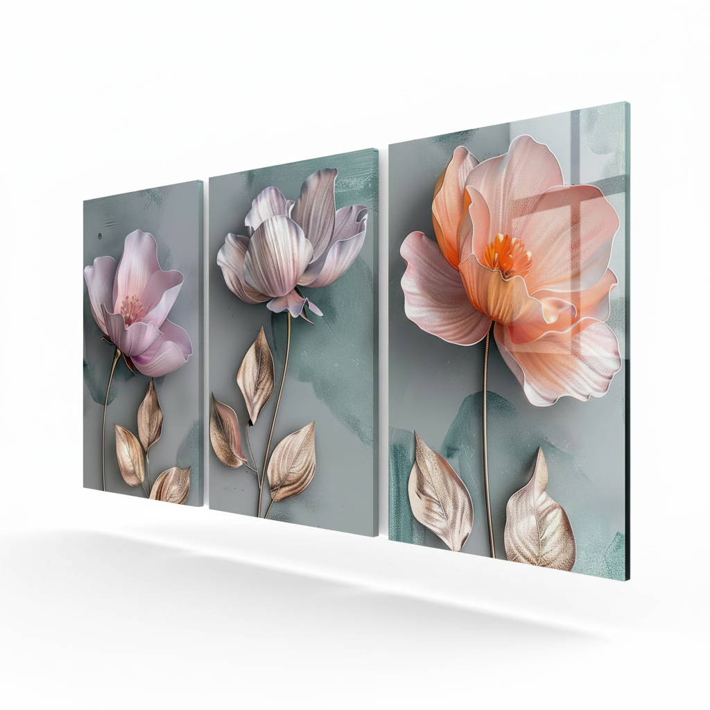 Triptych floral glass wall art - right side view