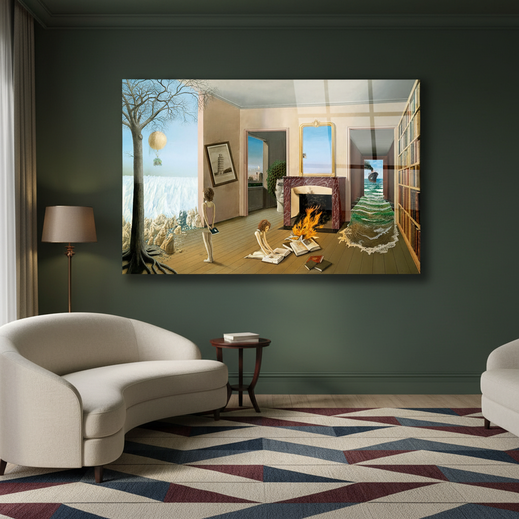 Surrealist interior glass wall art in a luxury green living room