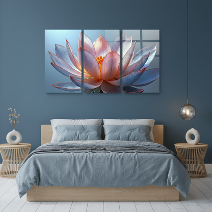 T-38 lotus flower triptych glass wall art in a luxury bedroom with peacock-blue walls