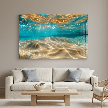 LMT-049 turquoise cyan underwater abstract glass wall art in a luxury coastal living room