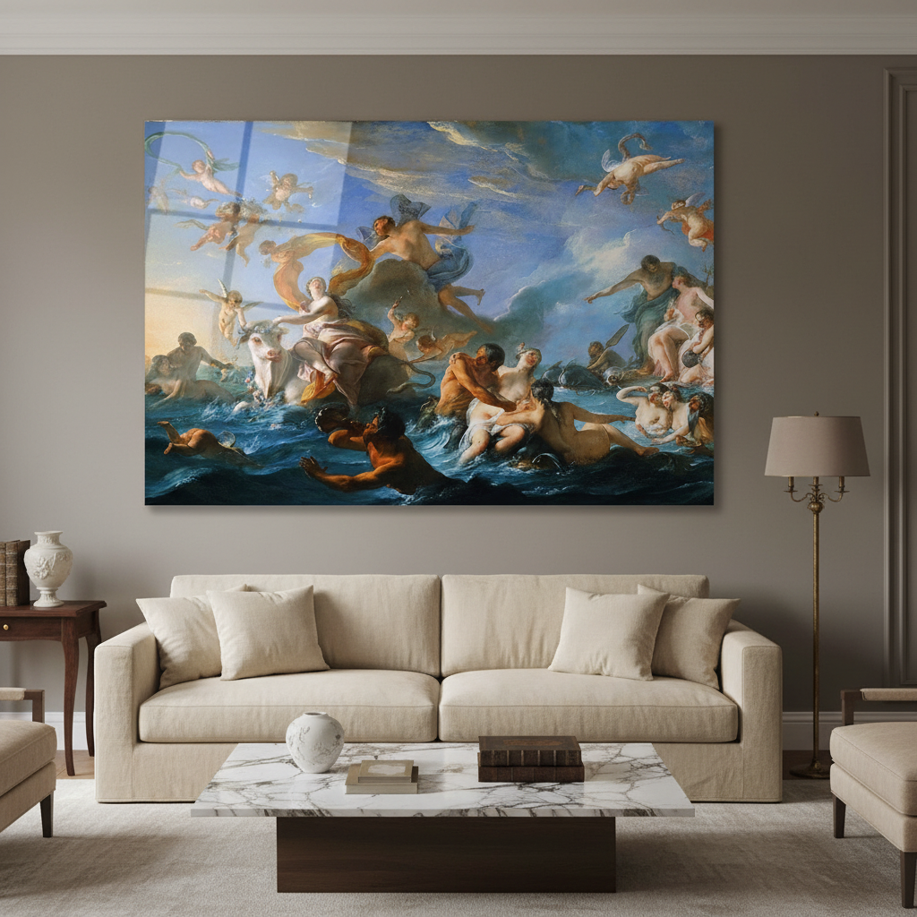 Mythological marine glass wall art in a classical-modern living room