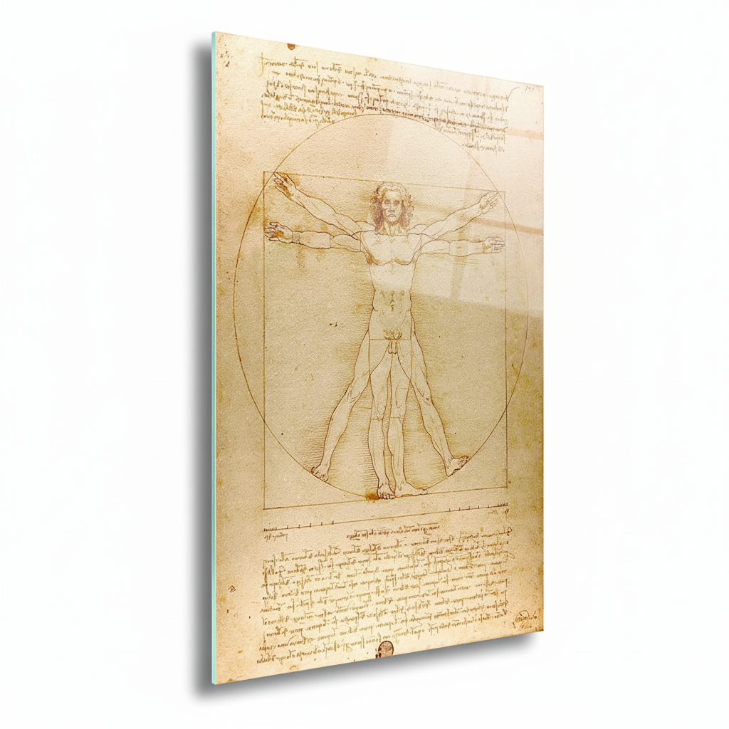 Left side view of Vitruvian Man Glass Wall Art showing the vertical glass edge and Renaissance anatomical artwork.