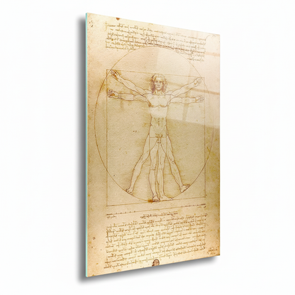Left side view of Vitruvian Man Glass Wall Art showing the vertical glass edge and Renaissance anatomical artwork.