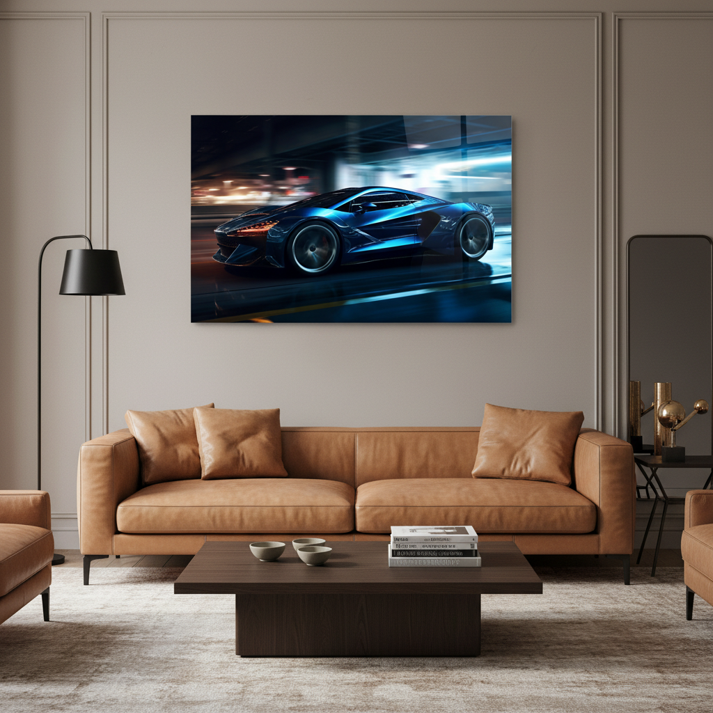 Y-303 electric blue supercar glass wall art in a luxury living room