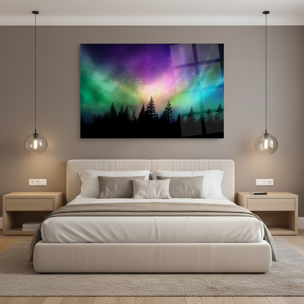Y-295 aurora borealis forest glass wall art in a luxury bedroom