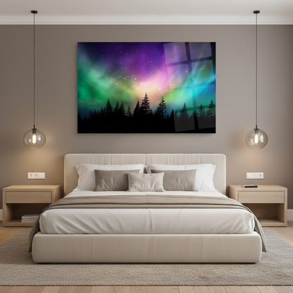 Y-295 aurora borealis forest glass wall art in a luxury bedroom