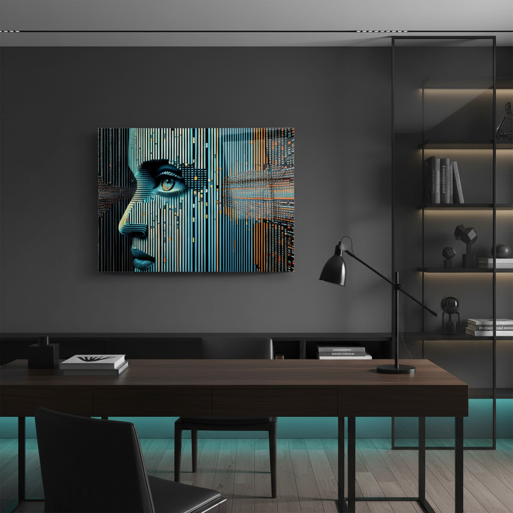 Digital Woman Glass Wall Art above a desk in a tech-luxury home office