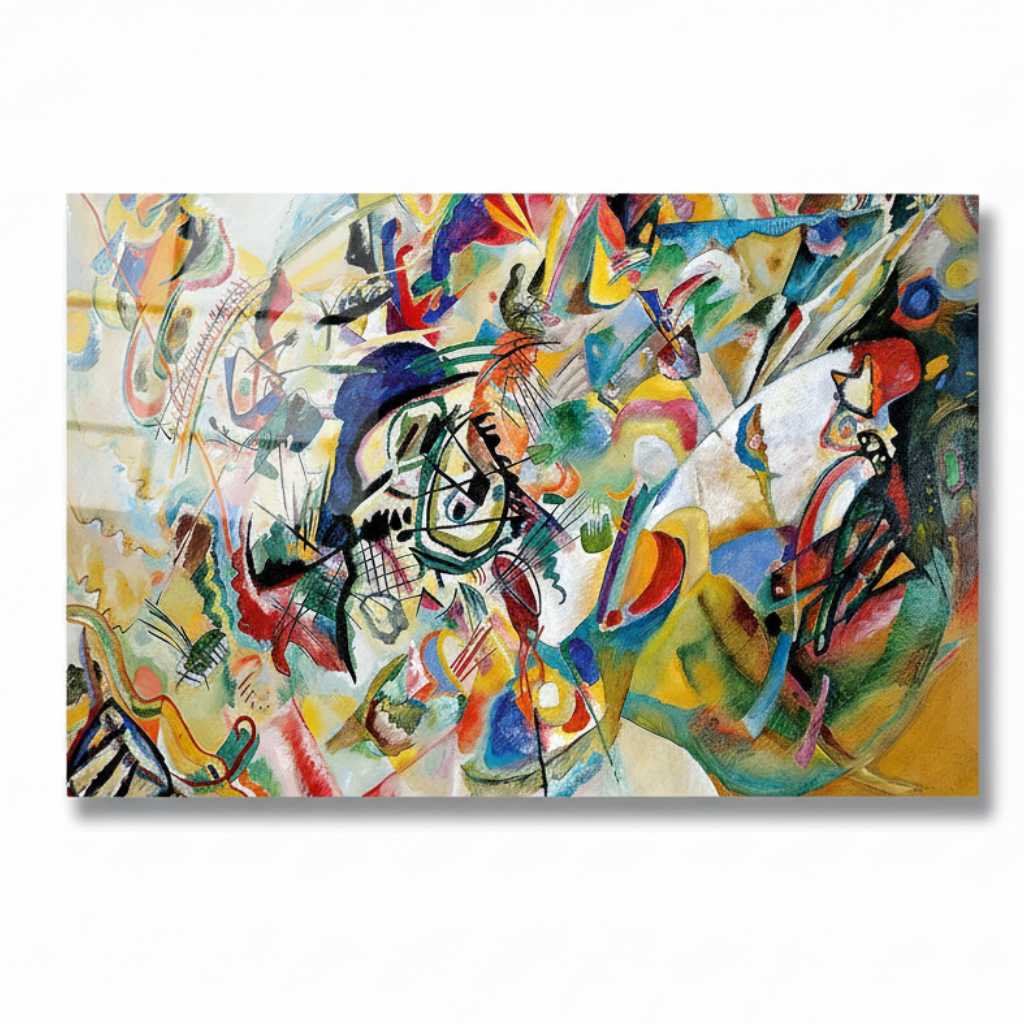 Colorful abstract horizontal glass wall art on a pure white square background