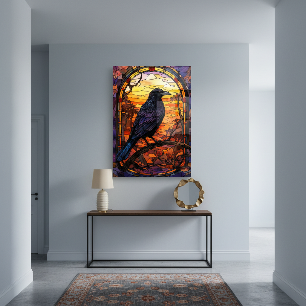 Raven Stained Glass Wall Art displayed in a dramatic entrance hall with smoky blue walls.