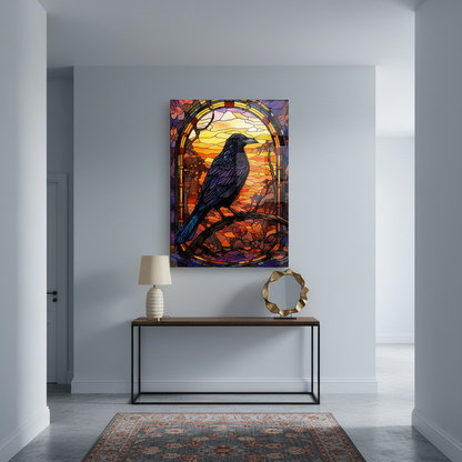 Raven Stained Glass Wall Art displayed in a dramatic entrance hall with smoky blue walls.